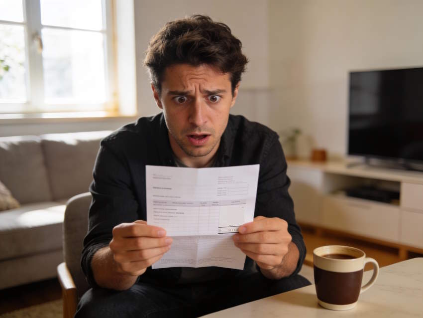 hombre joven sorprendido al ver el recibo de su seguro de vida con el banco